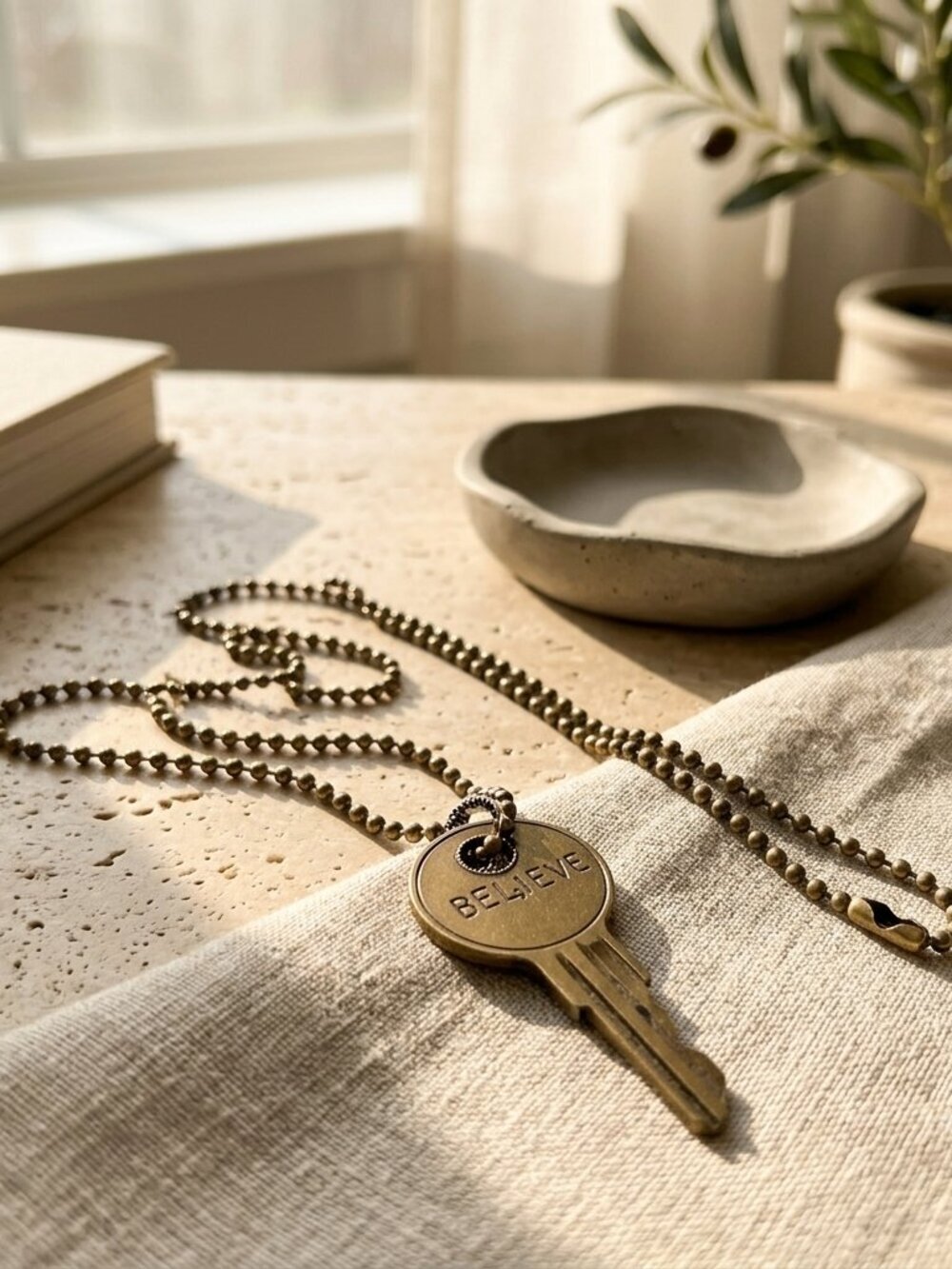 Vintage Brass Key Pendant Necklace | BELIEVE Minimalist Layering Necklace